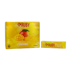 Close-up of Mango Kush Ruby Cartridge, featuring its distinctive design and vibrant packaging, highlighting the mango flavor and premium quality